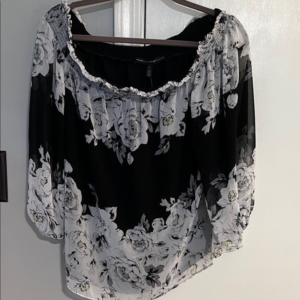 White House Black Market Monochrome Floral Blouse